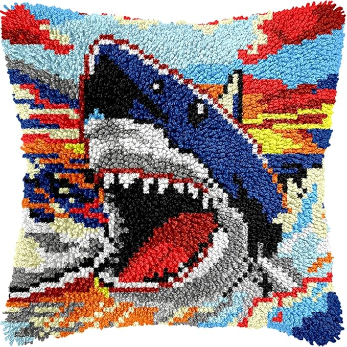 veirousa Shark Latch Hook Kits for Adults, Beginners DIY Hooked Throw Pillow Kit Pre-Printed Pillowcase Hook and Latch Rug Kits Cross-Stitch Cushion Cover for Home Sofa Decoration 17x17 inch