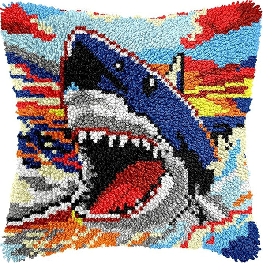 veirousa Shark Latch Hook Kits for Adults, Beginners DIY Hooked Throw Pillow Kit Pre-Printed Pillowcase Hook and Latch Rug Kits Cross-Stitch Cushion Cover for Home Sofa Decoration 17x17 inch
