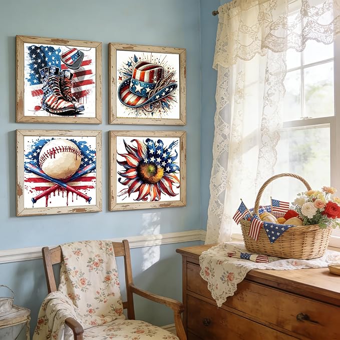 Canrichshop 4 Pack Framed Independence Day Paint by Numbers Kit for Adults,4 of July Patriotic Adult Paint-by-Number Kits on Canvas, DIY Oil Number Painting for Home Decor 8 x 8 inch