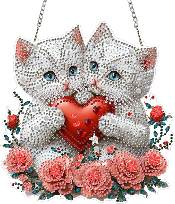 KEYIFA White Cat Diamond Painting Kit, DIY Heart Diamond Art for Adults, Diamonds Pendant Special Shaped Rhinestone Window Hanging Ornaments Home Garden Wall Door Decoration, 20cm Width