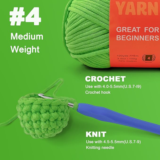 3.5Oz Beginner-Friendly Yarn for Crocheting and Knitting;Worsted-Weight Medium #4;Cotton Blend Yarn for Beginners with Easy-to-See Sitches,Great for Amigurumi DIY (Green,1 Skein)