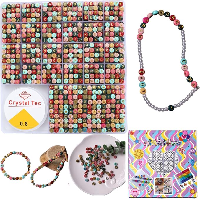 nikkiGuo 1250 PCS Letter Beads Kit with Elastic Cord – Alphabet A–Z, Numbers, Heart, Moon, Star, Smiley Beads for Friendship Bracelets & DIY Jewelry (Colorful Beats & Golden Letters)