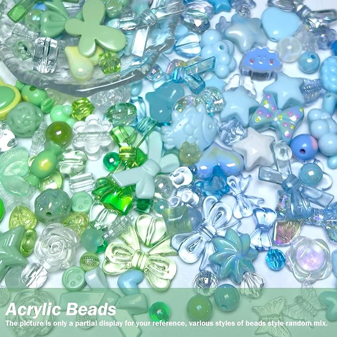 190-230PCS Assorted Acrylic Beads for Bracelet Making Kit, 200g Blue and Green Cute Beads for Keychain Making, Kandi Charms, Kawaii Jewelry Making, DIY Crafts