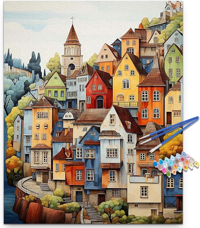 Artunion Countryside Paint by Numbers Kit for Adults,Village Landscape Paint by Number Kits, DIY Oil Painting Paint by Number Kits on Canvas Arts Craft for Home Wall Decor 16x20 Inch