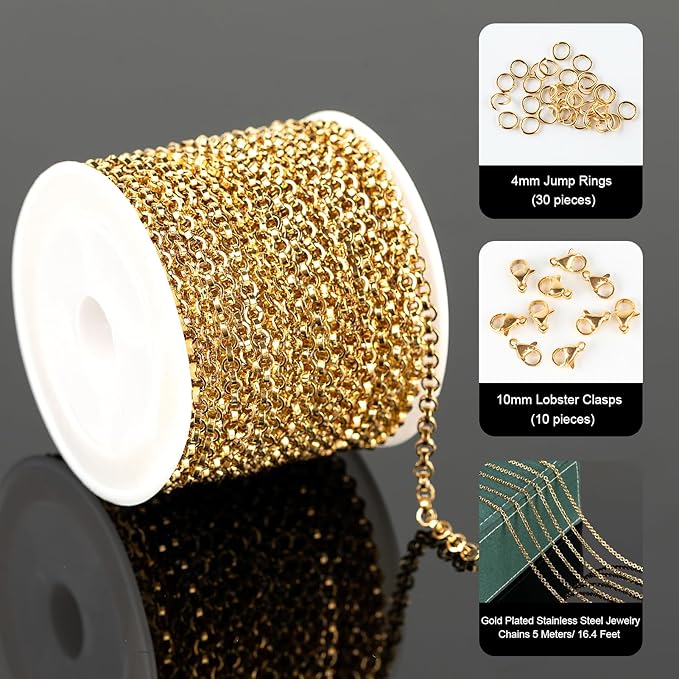 UMAOKANG 16.4 Feet Gold Plated Chain for Jewelry Making Stainless Steel Chains Bulk Flat Circle Link Chain Men and Women Necklace Bracelet DIY Jewelry Findings