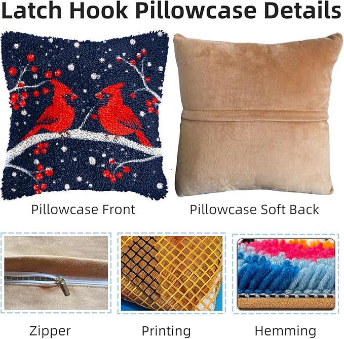 DIY Latch Hook Pillow Kits for Adults Merry Christmas Red Cardinal Birds Pillow Cover Printed Pillowcase Crochet Yarns Hooking Handmade Cushion for Home Sofa Decoration 17x17inch(25)