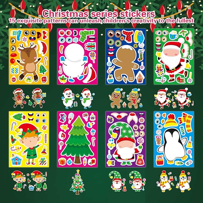 32 sheets christmas stickers for kids, make your own characters mix and match sticker, make a face stickers winter holiday gift, xmas party games sticker christmas party favor