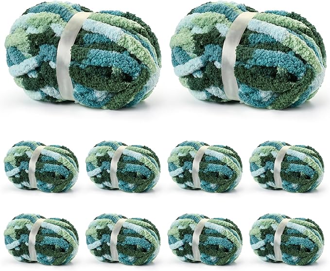 10 Pack Jumbo Chunky Yarn for Hand Knitting, Fluffy Variegated Chunky Chenille Yarn for Crocheting, 240yds/70.5oz Super Bulky Soft Crochet Baby Blanket Yarn(Tea-Mint-Green)