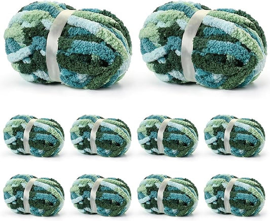 10 Pack Jumbo Chunky Yarn for Hand Knitting, Fluffy Variegated Chunky Chenille Yarn for Crocheting, 240yds/70.5oz Super Bulky Soft Crochet Baby Blanket Yarn(Tea-Mint-Green)