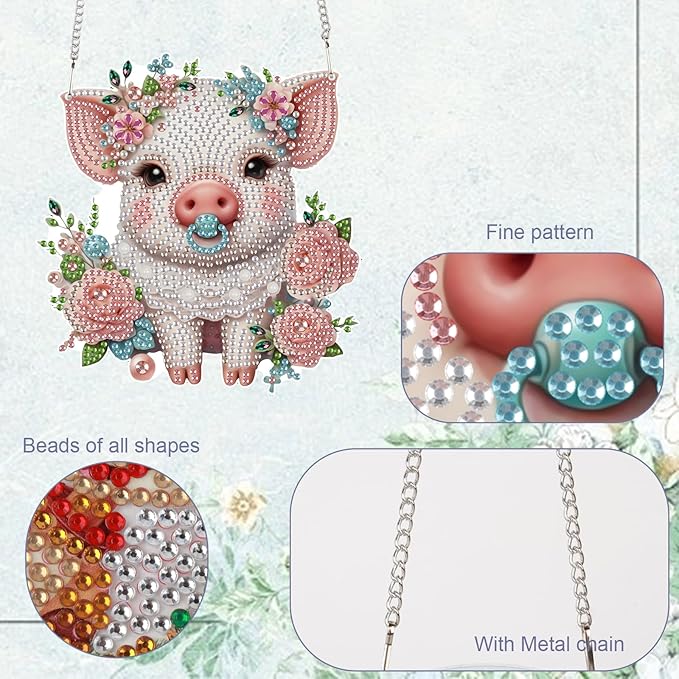 TDFERAN Diamond Painting Pendant DIY Flower Pig Diamond Art Ornament Kits Window Pendant, Diamonds Hanging, Diamant Suncatcher, Art Painting Hanging for Wall Home Decor