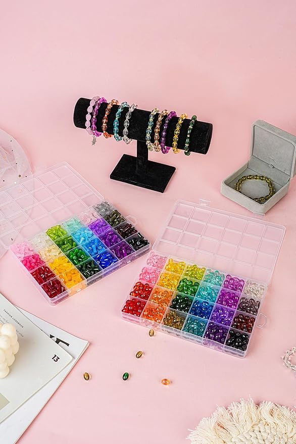 REVKI 1200pcs Glass Beads Bracelet Making Kit, 48 Colors Crystal Beads for Jewelry Making,Strange Shaped Glass Beads for Bracelets and DIY Crafts(Oval and Bamboo)