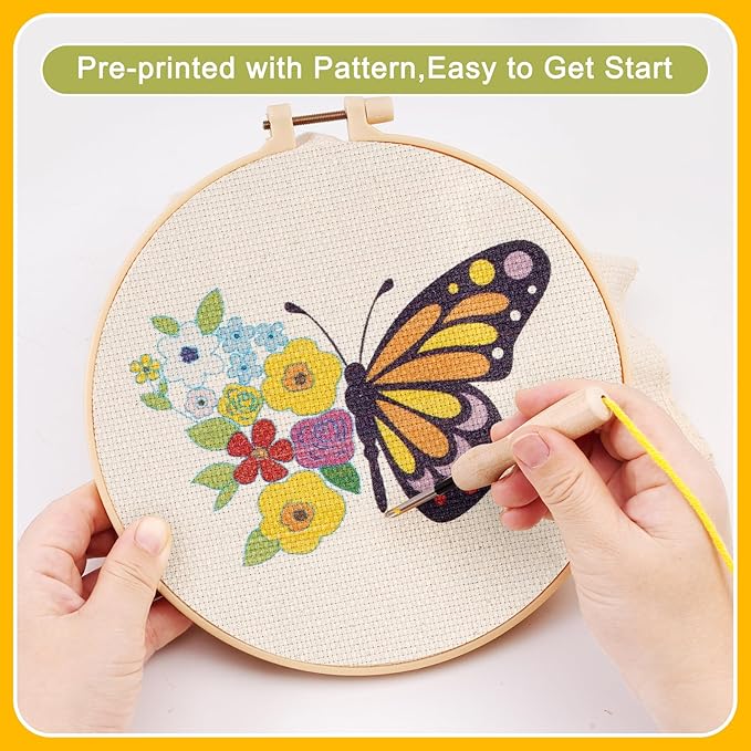 Pllieay 3 Sets Punch Needle Embroidery Kits, All-Inclusive Embroidery Kit for Beginners with Pre-Printed Fabric, Hoop, Yarns & Tools – Good Stitching Kit & Embroidery Starter Kit