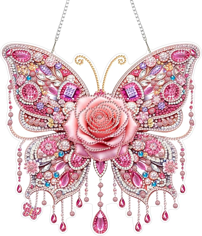 Yunzlly DIY Hanging Diamond Art Pendant Kit, Special Crystal Double Sided Diamonds Painting Ornament Kit for Adults, Acrylic Gem Painting Board for Window&Door&Wall (Pink Butterfly)