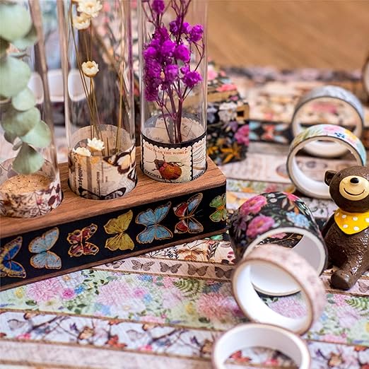 YUBX Butterfly Washi Tape Set 18 Rolls Vintage Gold Foil Masking Wide Retro Decorative Tapes for Arts, DIY Crafts, Journals, Planners, Scrapbook, Wrapping