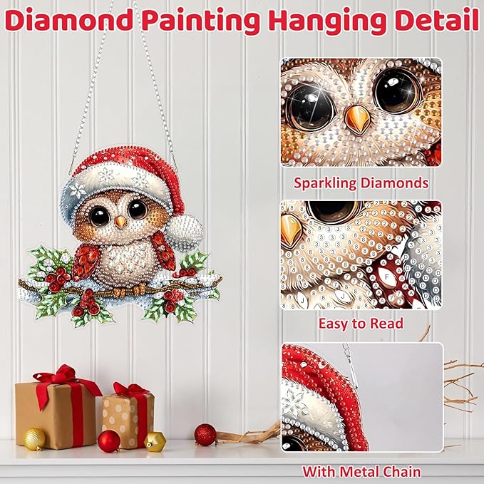 MEIYUDA Christmas Owl Diamond Art Hanging Kits for Adult, Cute Winter Owl Diamond Painting Hanging Kits Ornaments, DIY Special Shaped Rhinestone Window Pendants kit for Home Garden Wall Decor Gift