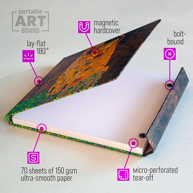 Magnetic Hardcover Drawing Pad – Ultra-Smooth Thick Marker Paper 150 GSM for Pen & Ink, Fineliner, 70 Tear-Out Sheets, Screw-Post Binding, Artist Sketch Book (The Kiss, 8,5x7,7 inch)