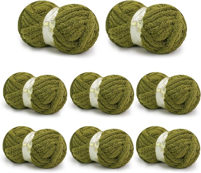 Chunky Yarn for Hand Knitting, Chunky Chenille Blanket Yarn for Crocheting, Bulky Soft Fluffy Chenille for Blanket Project, 8 Pack of 8oz/25yds, Olive Green