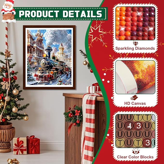 EMIEAUFG Christmas Diamond Art Kits for Adults, Christmas Train Diamond Paiting Kit for Beginners, 5D DIY Round Full Drill Craft Diamond Dot Gem Art, Home Wall Decor 12" x 16"