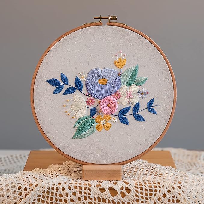 ebherys level-2: 4sets a pack, hand embroidery kit for adults, not cross stitch,lovely flowers, green plants and bird patterns, needlework diy kits, hoops, needle threader and frame(garland)