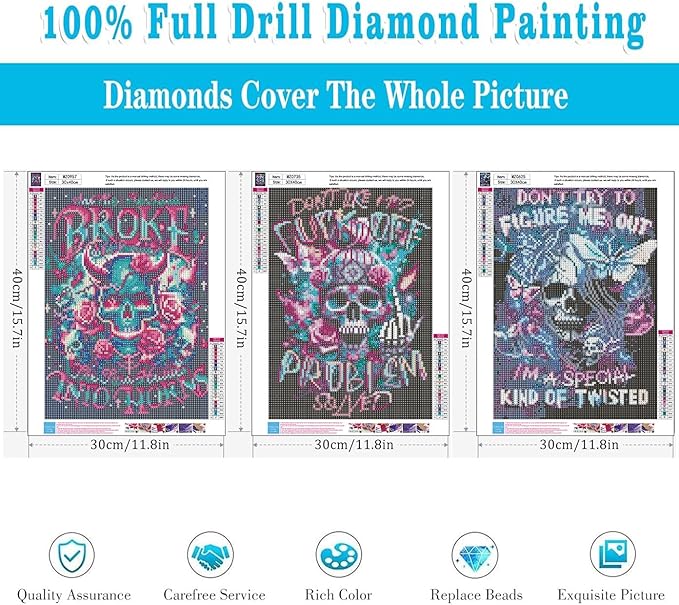 Meothan 3 Pack Diamond Art Kits for Adults, Sugar Skull Diamond Painting Kits for Adults, 5D DIY Round Full Drill Gothic Gem Art Paint with Diamonds Dots Crafts Set for Home Decor Gift 12x16inch