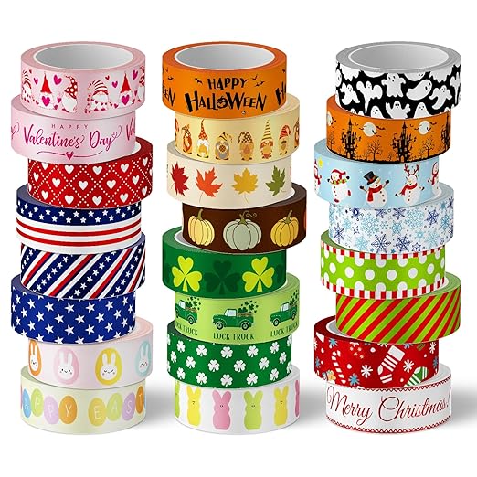 Whaline 24 Rolls Holiday Washi Tapes Easter Bunny Egg Rabbit Making Tape 15mm St Patrick's Day Assorted Festival Seasonal Washi Tapes for Scrapbook Journal Art Craft, 16.4Ft