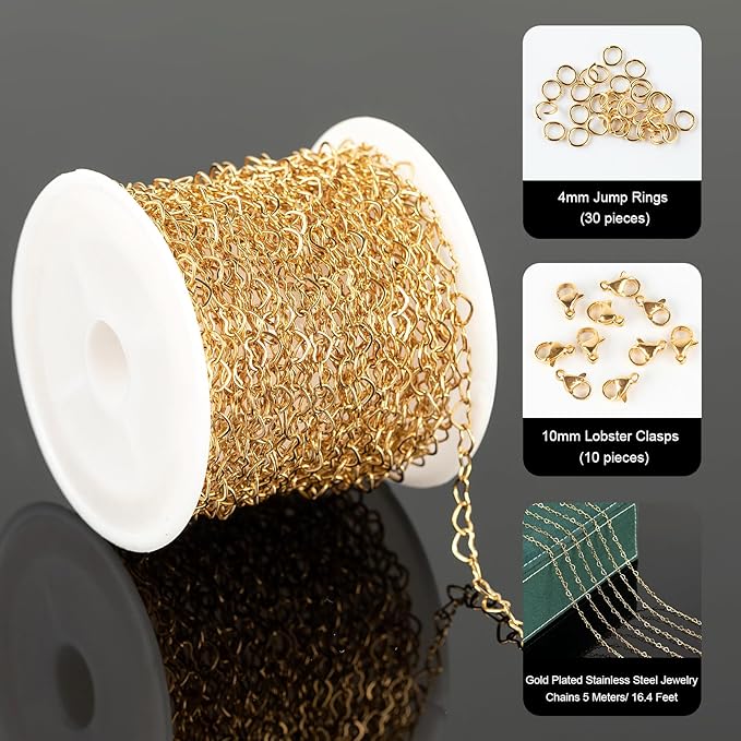 UMAOKANG 5 Meters Gold Plated Stainless Steel Chain for Jewelry Making Hollow Heart Chain Roll with Jewelry Findings