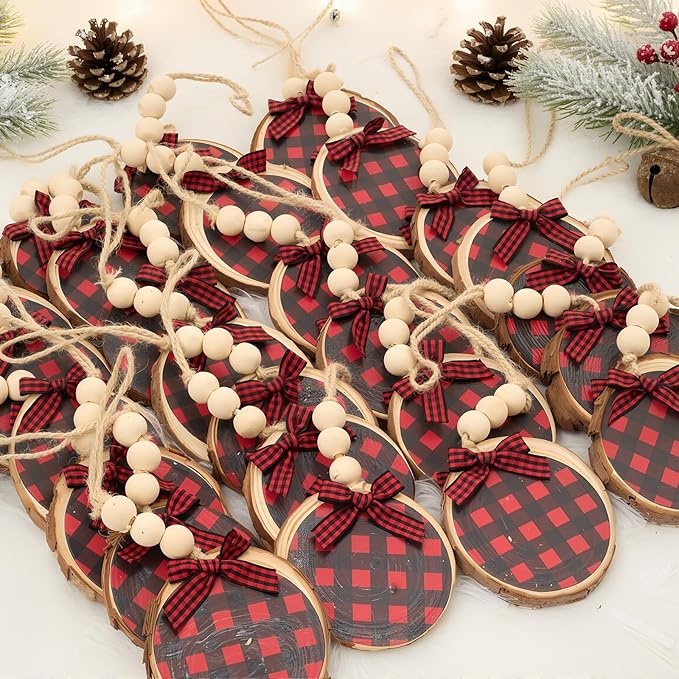 Sawysine 36 Pcs Wooden Christmas Ornament 2.8 to 3.2 Inch Craft Wooden Kit Natural Wood Slices with Round Natural Wood Beads and Buffalo Plaid Bow for Arts and Crafts Christmas Ornaments(Black, Red)