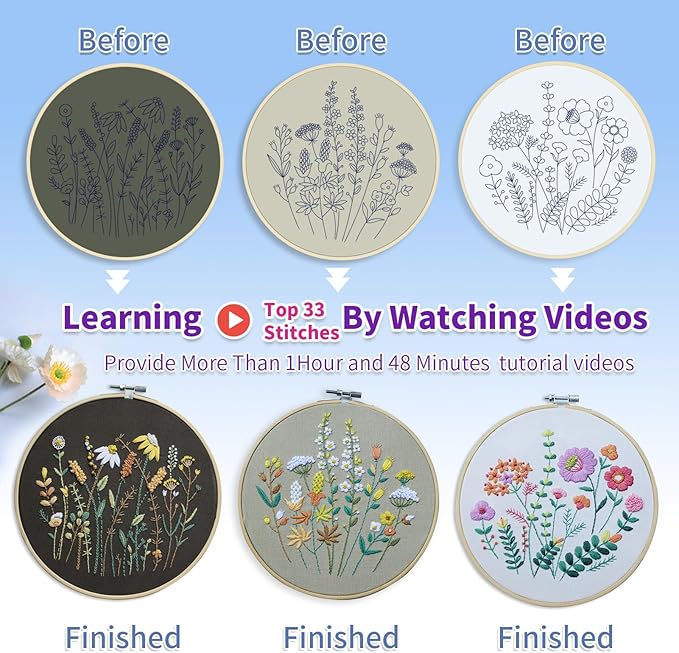 ETSPIL 3 Pack Beginner Embroidery Kits for Adults, DIY Starter Set with Stamped Flower Designs, Embroidery Hoop, Colorful Threads, Tools, Step-by-Step Instructions & Video Tutorial