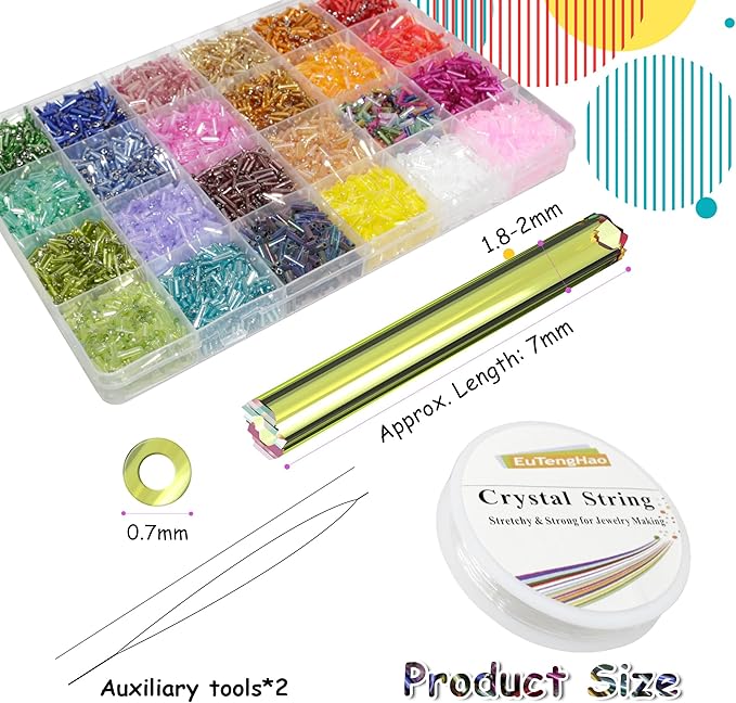 9600Pcs 7mm Tube Beads Kit Glass Bugle Seed Beads Small Craft Bead with Two Crystal String for Jewelry Making DIY Crafting Bracelet Necklaces Embroidery, Home Decoration (24 Colors)
