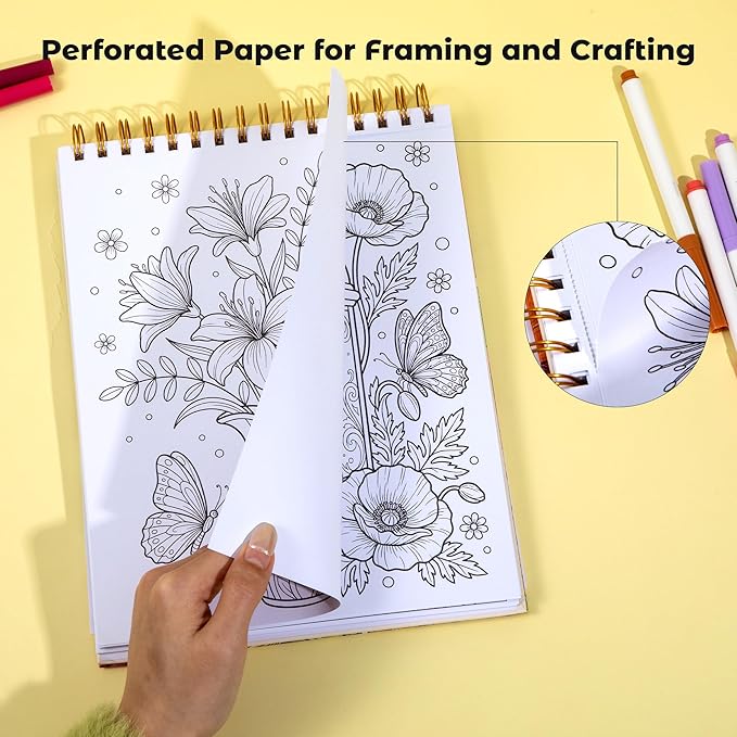 Flower Coloring Book for Adults 41 Unique Single Sided Patterns and 9 Blank Pages with 12 Colored Pencils Set 130GSM Thick Paper Stress Relief & Mindfulness Gift for Women Men, 8.5 X 11in