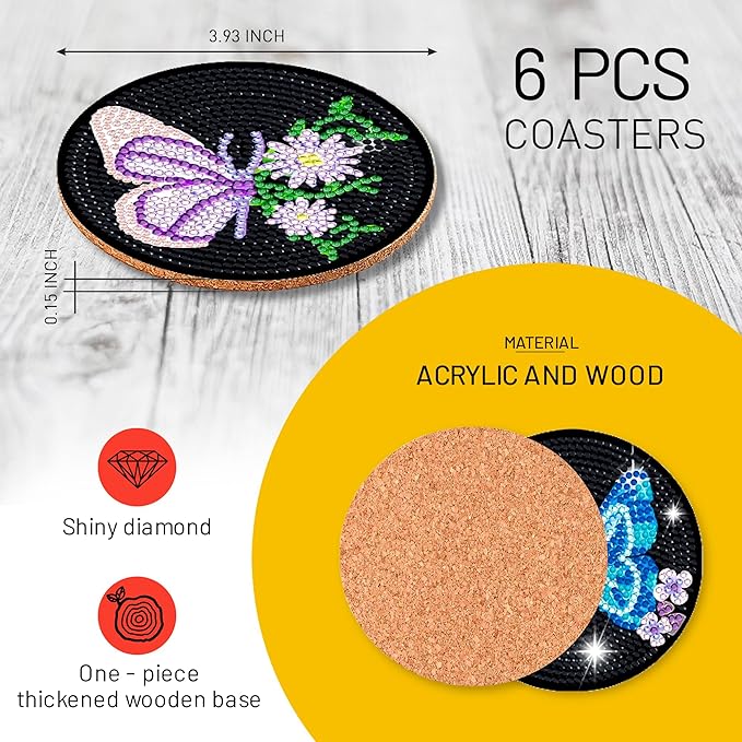 6 Pcs Butterfly Shaped Diamond Painting Kits, Diamond Painting Kits with Holder, Diamond Art Coasters for Beginners Adults - Perfect Art Craft Supplies Gift!… (Butterfly)