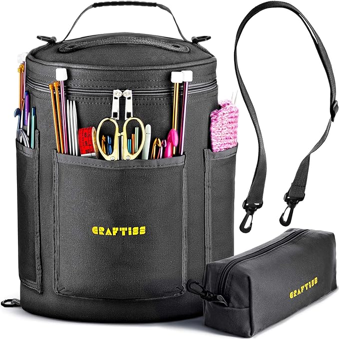 CRAFTISS Knitting Bag Yarn Storage - Crocheters Gift - Durable Canvas Yarn Holder for Crochet Accessories - Organizer Crochet Bag with Knitting Accessories Case (Black)