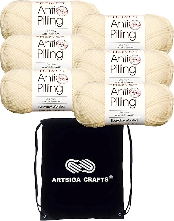 Premier Yarns Everyday Anti-Pilling Solid Cream DN100-2 (6-Skeins - Same Dye Lot) #4 Worsted Weight Acrylic Yarn for Crocheting and Knitting with Project Bag