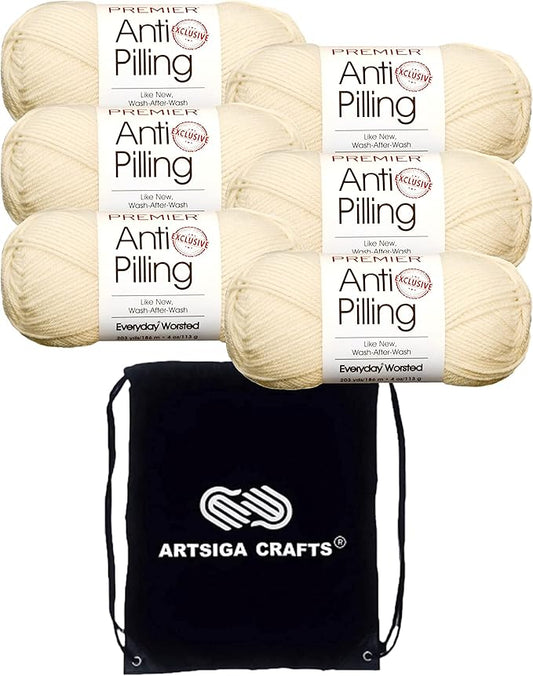 Premier Yarns Everyday Anti-Pilling Solid Cream DN100-2 (6-Skeins - Same Dye Lot) #4 Worsted Weight Acrylic Yarn for Crocheting and Knitting with Project Bag