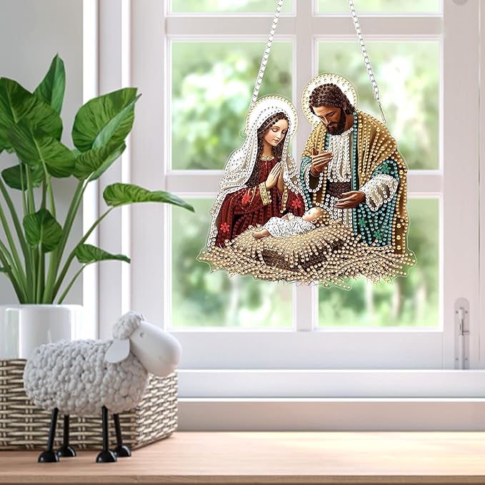 Religious Virgin Mary Jesus Diamond Art Hanging Ornaments Kits for Adults, Diamond Painting Pendant Kits, DIY Acrylic 5D Special Shaped Crystal Gem Art Painting Ornament for Home Wall Decor 8x8 Inch