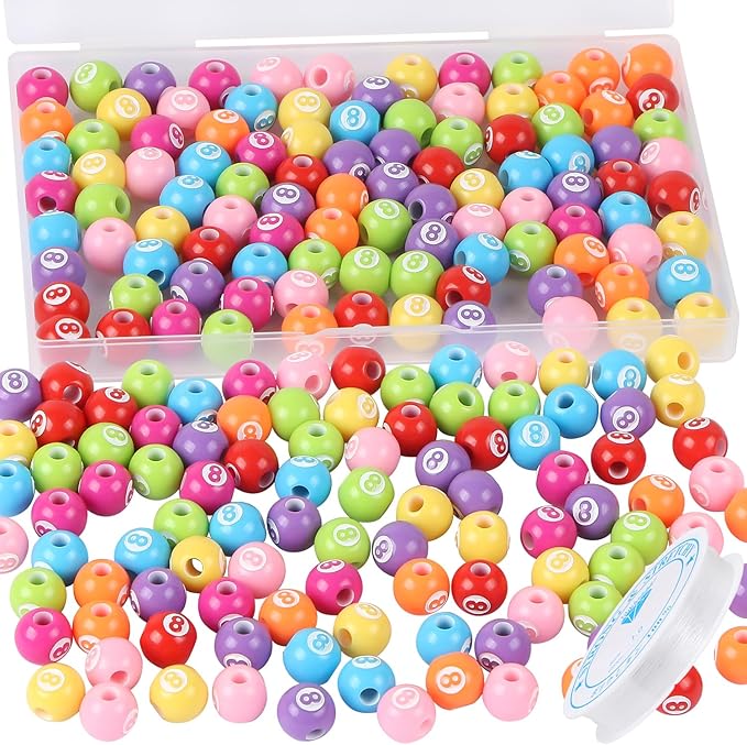 100pcs Billiard Beads with 5.5 Yard Elastic Rope,Acrylic Sports Beads DIY Spacer Bead for Necklace Bracelet Keychains Handmade Jewelry Making Accessories Craft Supplies,12mm (Billiard)