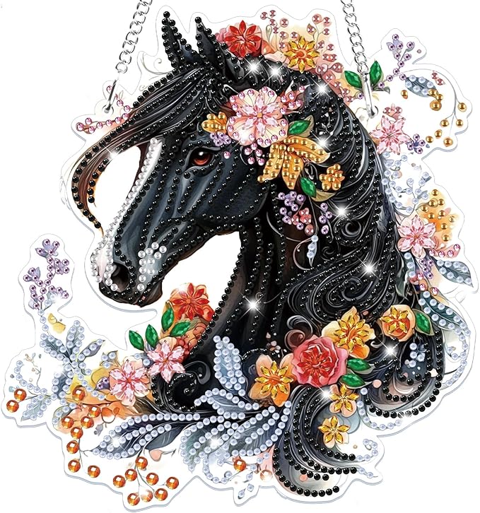 Bowetile Hanging Diamond Art Horse Kits for Adults, 5D Special Shape Diamond Painting Horse Kits, Animal Diamond Gem Art Suncatchers Painting Pendant Ornament for Home Garden Wall Decor