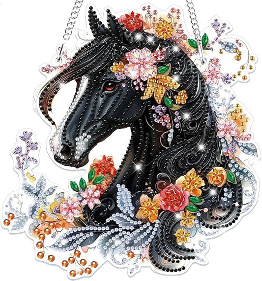 Bowetile Hanging Diamond Art Horse Kits for Adults, 5D Special Shape Diamond Painting Horse Kits, Animal Diamond Gem Art Suncatchers Painting Pendant Ornament for Home Garden Wall Decor