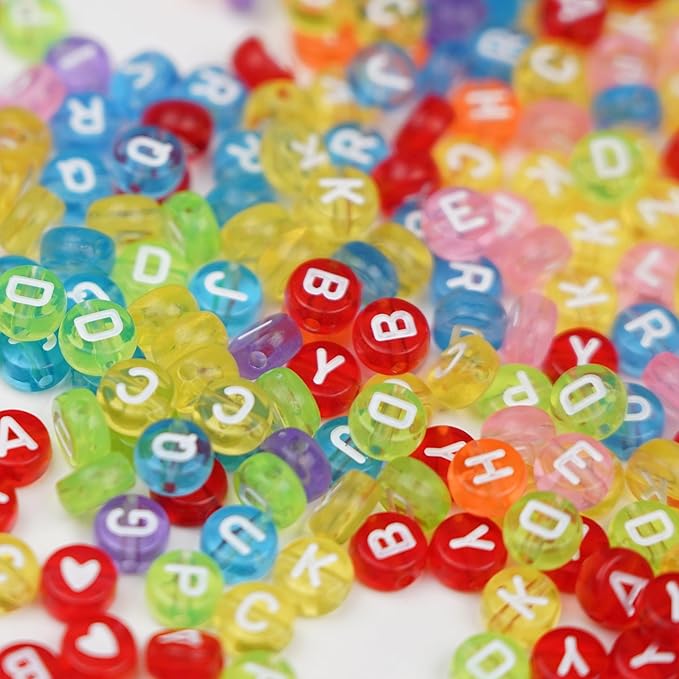 1450Pcs Colorful Clear Letter Beads Acrylic 4x7mm Round, Alphabet A-Z (Extra for Vowel Letter) and White Heart Beads for Bracelets Necklaces Jewelry Making (Clear, 4x7mm)