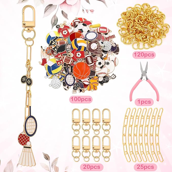 Tondiamo 266 Pieces Football DIY Gold Keychain Making Kit Bat Sports Football Charm Jewelry Making Baseball Volleyball Ornaments Bulk for Key Ring Art Adults Women Bag Gift