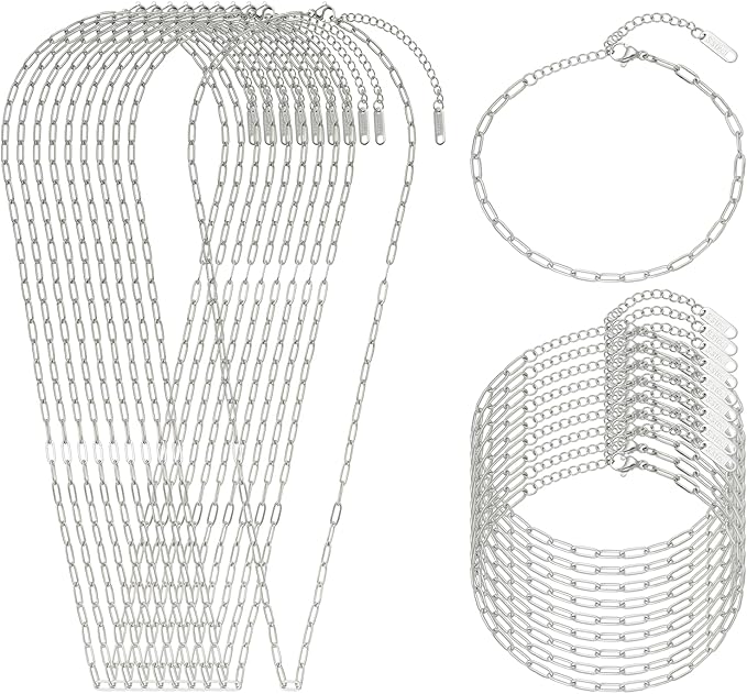 Swyabi 20 Pack Stainless Steel Paperclip Chains Link Adjustable Necklace Bracelet Bulk for Men Women DIY Bracelets Crafts