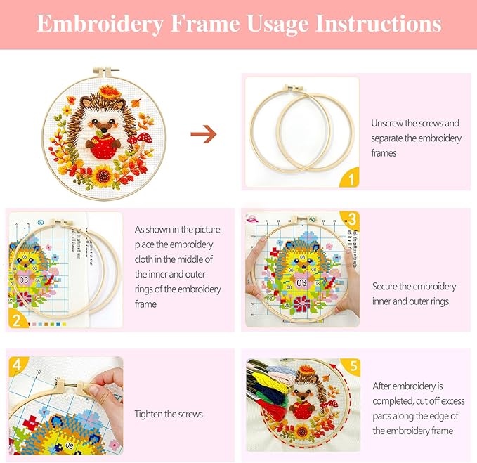 Zhenqing Autumn Animals Cross Stitch Kit - 4-Piece Set with Pre-Printed 11CT 24x24cm Fabric, Hoop & Tools, Fall Theme Animal Designs for Beginners (70412)