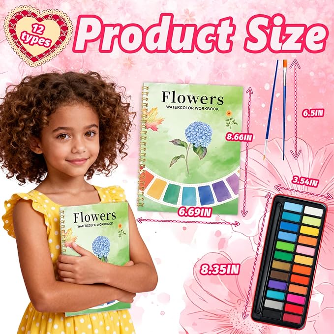 Watercolor Workbook - Coloring Book Beginner Friendly Painting Kit, Watercolor Workbooks for Adults with 24 Colors Paint, Exploration Gift for Adults Teens (Flowers)