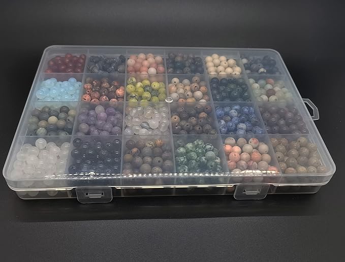 Yephac 1200pcs 6mm Natural Round Stone Beads - Gemstone Loose Beads Hole Size 1mm for Bracelet Necklace Earrings Jewelry Making, Box Packed (24 Material-2, 6mm)