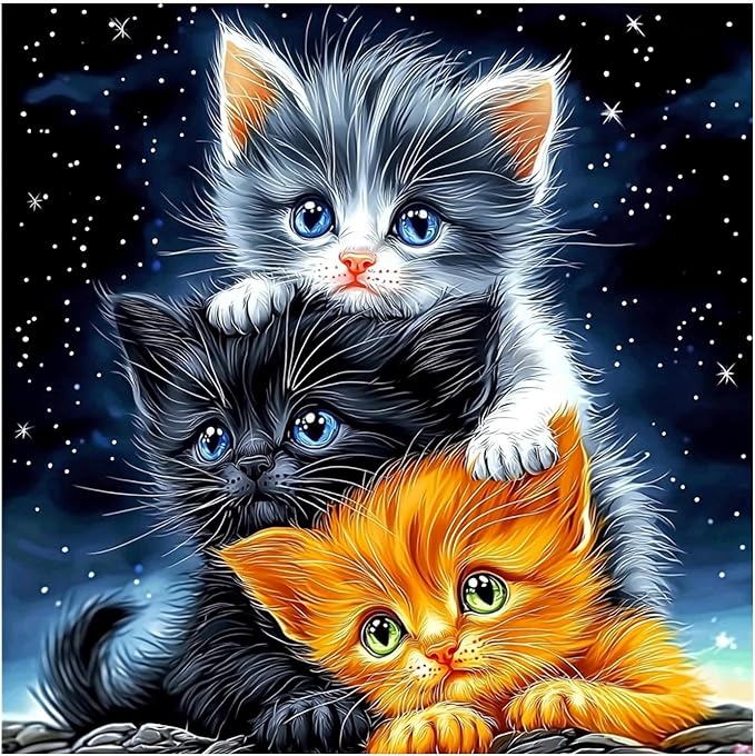 QENSPE Diamond Painting Art Kits for Adults, DIY Three Kittens Full Drill Diamond Art Kits for Beginners, 5D Night Sky Round Diamond Dots Paintings Gem Crystal Crafts Home Wall Decor Gifts 30x30cm