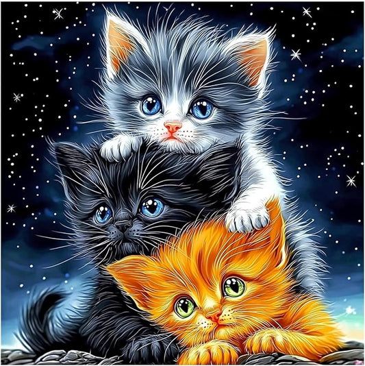 QENSPE Diamond Painting Art Kits for Adults, DIY Three Kittens Full Drill Diamond Art Kits for Beginners, 5D Night Sky Round Diamond Dots Paintings Gem Crystal Crafts Home Wall Decor Gifts 30x30cm