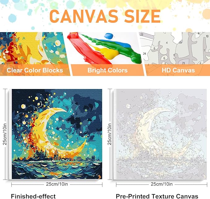Framed Paint by Numbers Kit for Adults Beginners & Kids Ages 8-12, Sea and Moon Acrylic Easy Paint by Number with Frame, Watercolor Paint by Number Kits on Canvas Framed (10 * 10 Inch, without Easel)