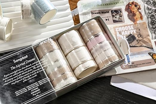 15 Rolls Lace Patterns PET Tapes Floral Arts Decorative Tape Set Adhesive Transparent Masking Tapes for DIY Craft, Kids, Scrapbook, DIY, Gift Wrapping, Journal (1-Moonlit Veil)