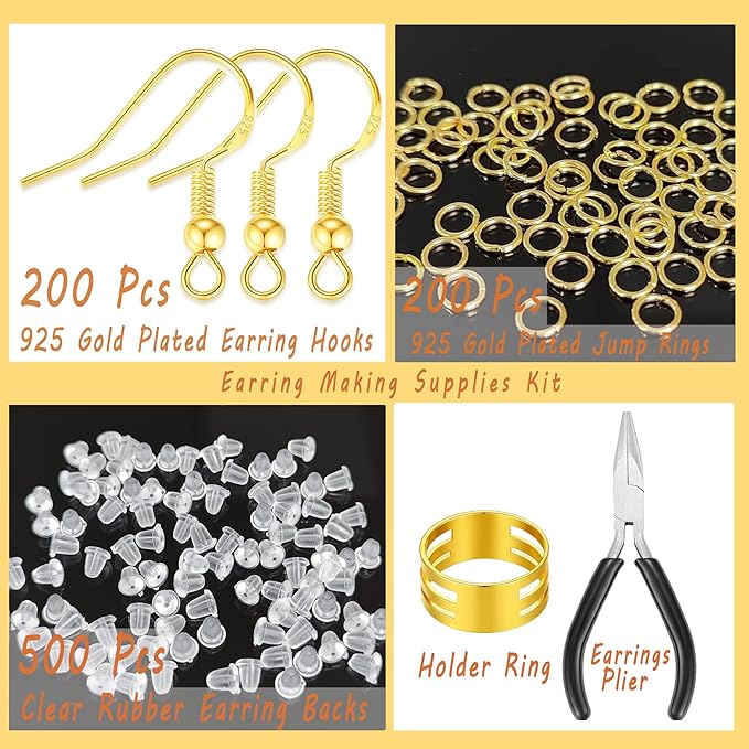 MAIBAOTA Gold Earring Hooks for Jewelry Making, 602 Pcs Hypoallergenic Gold Plated Earring Hooks, Jump Rings, Earring Findings, Rubber Earring Backs, DIY Jewelry Making Supplies Kit