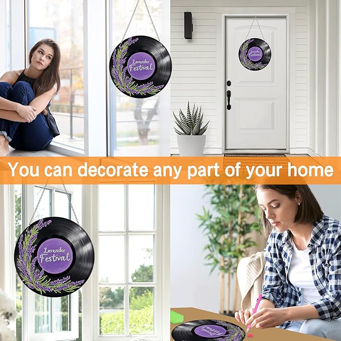 Ginfonr Diamond Painting Kits Hanging Pendant, Lavender Diamond Art Kits for Adults, Special Shaped Rhinestone Records Diamond Art, Double Sided Home Hanging Kits for Garden Wall Window (8 x 8inch)